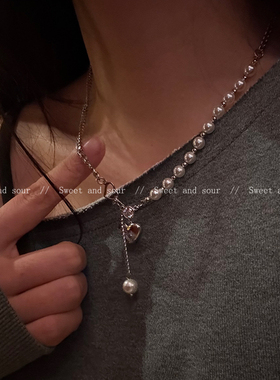 甜酷小众ins风辣妹爱心珍珠拼接项链冷淡心形锁骨链秋冬毛衣链潮