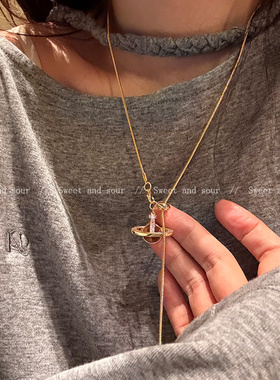 美拉德复古星球项链轻奢小众抽拉设计感高级虎眼毛衣链卫衣锁骨链