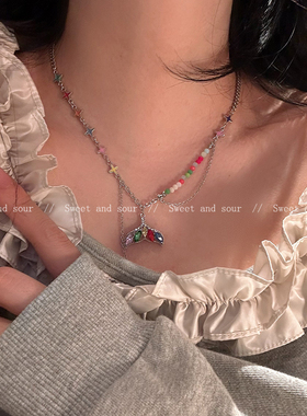 y2k甜酷彩色鱼尾串珠项链女夏2025新款爆款小众设计感锁骨链颈链