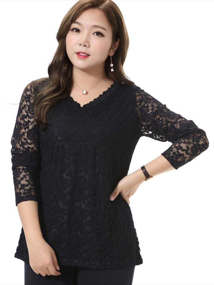 蔓缇莉莎特大码女装加绒蕾丝打底衫 mantilisha蔓缇莉莎蕾丝衫/雪纺衫