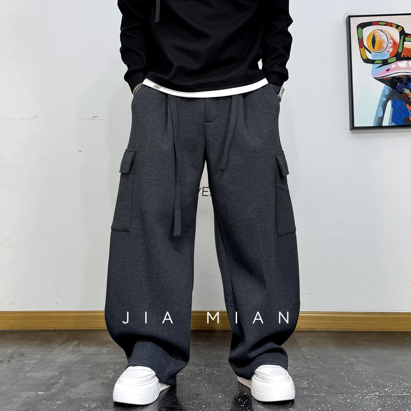 美式工装风宽松休闲加绒加厚卫裤男冬季直筒多口袋百搭阔腿长裤,淘宝优惠券,粉丝福利购,淘宝优惠卷