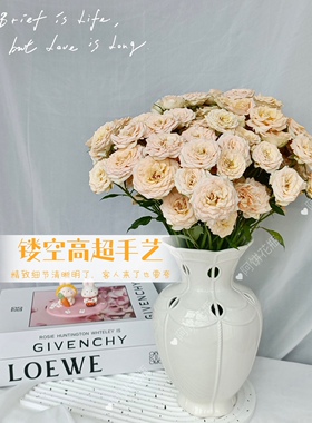 高档瓷器奶白婚礼花瓶法式摆件高温陶瓷手工镂空水培玫瑰月季鲜花