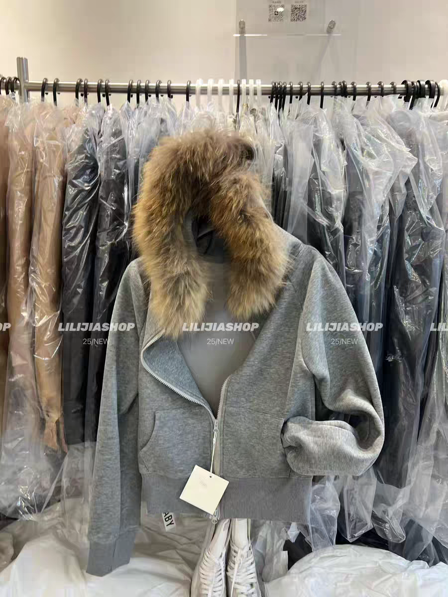 MH家 2025秋冬新款韩版百搭宽松显瘦连帽加绒拉链毛领卫衣外套 - 图0