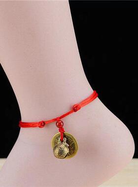 新年喜庆红绳脚链手工编织学生简约脚链本命年铃铛铜钱脚链饰品