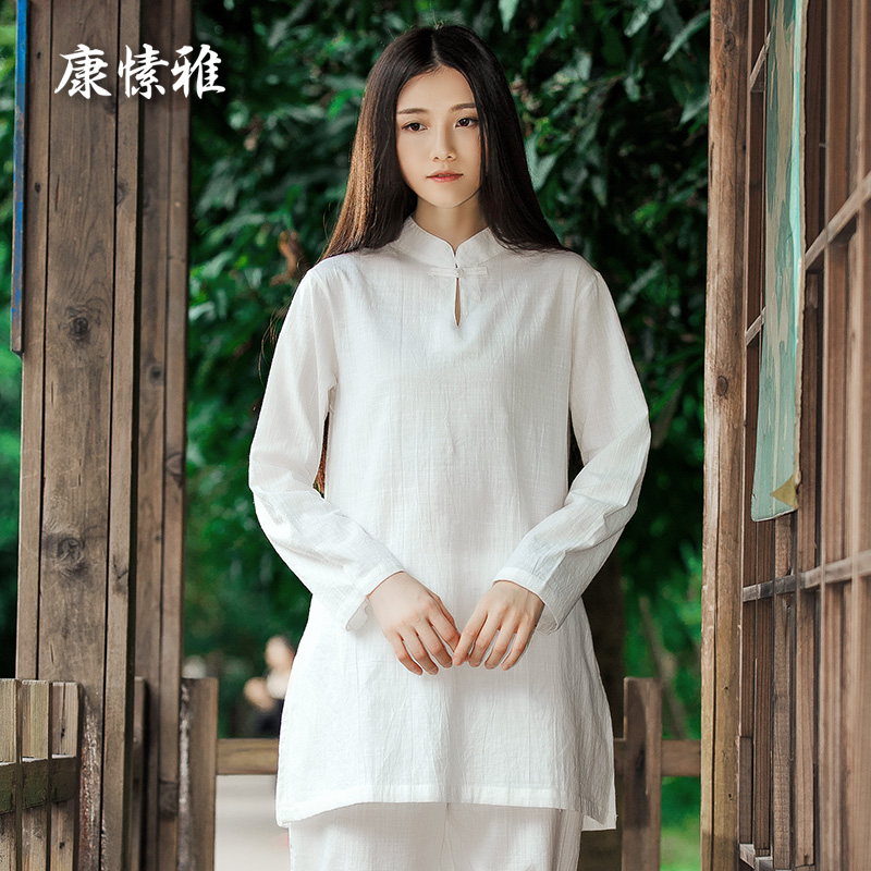 康愫雅棉麻瑜伽服禅意两件套装白色禅服女仙气禅修中国风佛系宽松-图0