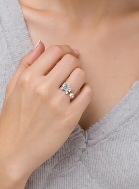 5A级高亮天然淡水珍珠戒指18K包金海盐碎冰晶蝴蝶珍珠指环手饰