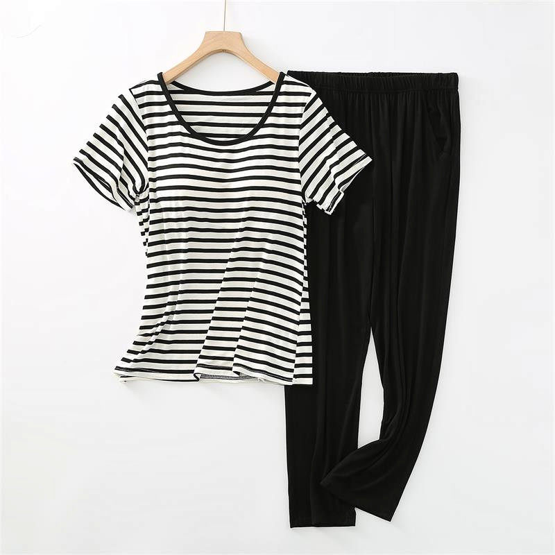 莫代尔女夏带胸垫半袖条纹宽松版大码短袖睡衣长裤家居服运动套装,淘宝优惠券,粉丝福利购,淘宝优惠卷