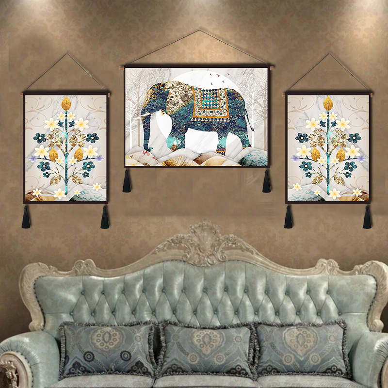 美式客厅装饰画挂布壁毯玄关沙发背景墙画发财树大象油画布艺挂毯-图1