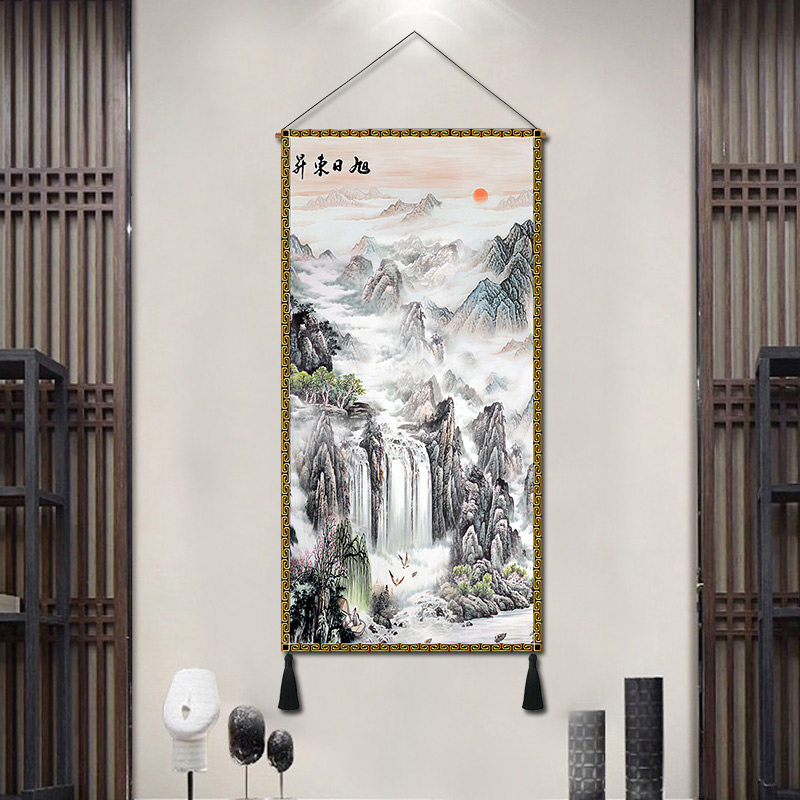 新中式竖版挂画玄关过道壁画装饰画客厅壁毯走廊大气山水画挂毯_虎窝淘