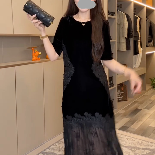 夏季薄款法式拼接蕾丝设计感半袖长裙宽松气质显瘦裙子连衣裙女 - 图0