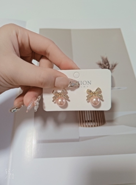 珍珠蝴蝶结925银小众满钻耳钉