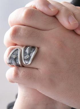复古做旧双鱼呈祥泰银戒指原创