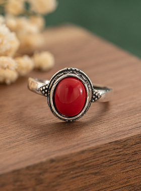国潮中式雕花镶嵌红色石藏银戒指女士个性宫廷复古风小众指环礼物