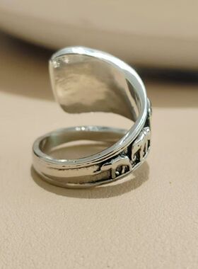 东南亚复古清迈大象藏银戒指女士个性开口饰品母子象素银指环礼物