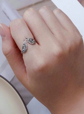 欧美复古天使翅膀泰银戒指