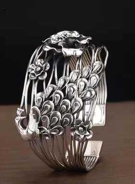 国潮复古孔雀花朵藏银手镯女士个性宽面镂空开口饰品素银手环礼物