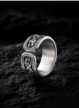 国潮复古螭龙纹藏银戒指男女个性中式开口指饰品情侣素银指环礼物