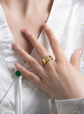 复古亚金色佛头福慧泰银戒指