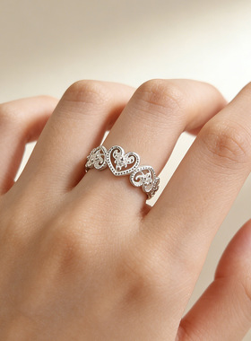 日韩复古水钻爱心藏银戒指女士简约时尚酷飒个性开口饰品指环礼物
