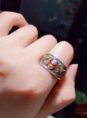 复古珐琅彩桃花九尾狐狸泰银