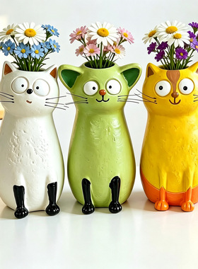可爱猫咪陶瓷花瓶 ins 风桌面插花器小众治愈创意家居精致礼物