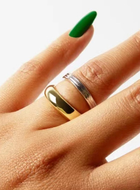欧美时尚新款小众设计双色拼接双环戒指钛钢镀18K金指环食指中指