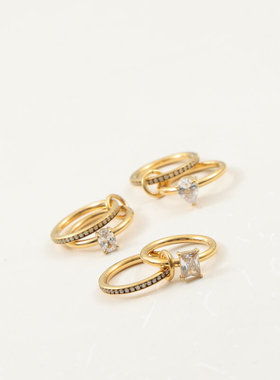 欧美跨境新款镶钻细钻钛钢镀18K金双环戒指指环百搭食指中指女