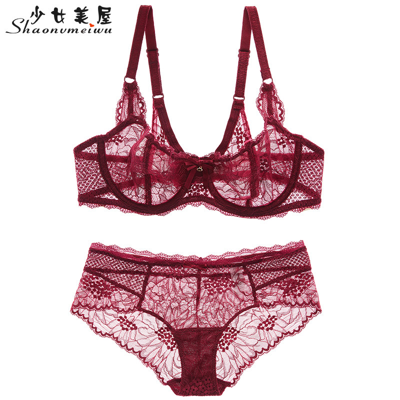 少女美屋超薄透视蕾丝文胸套装大码胖MM透明