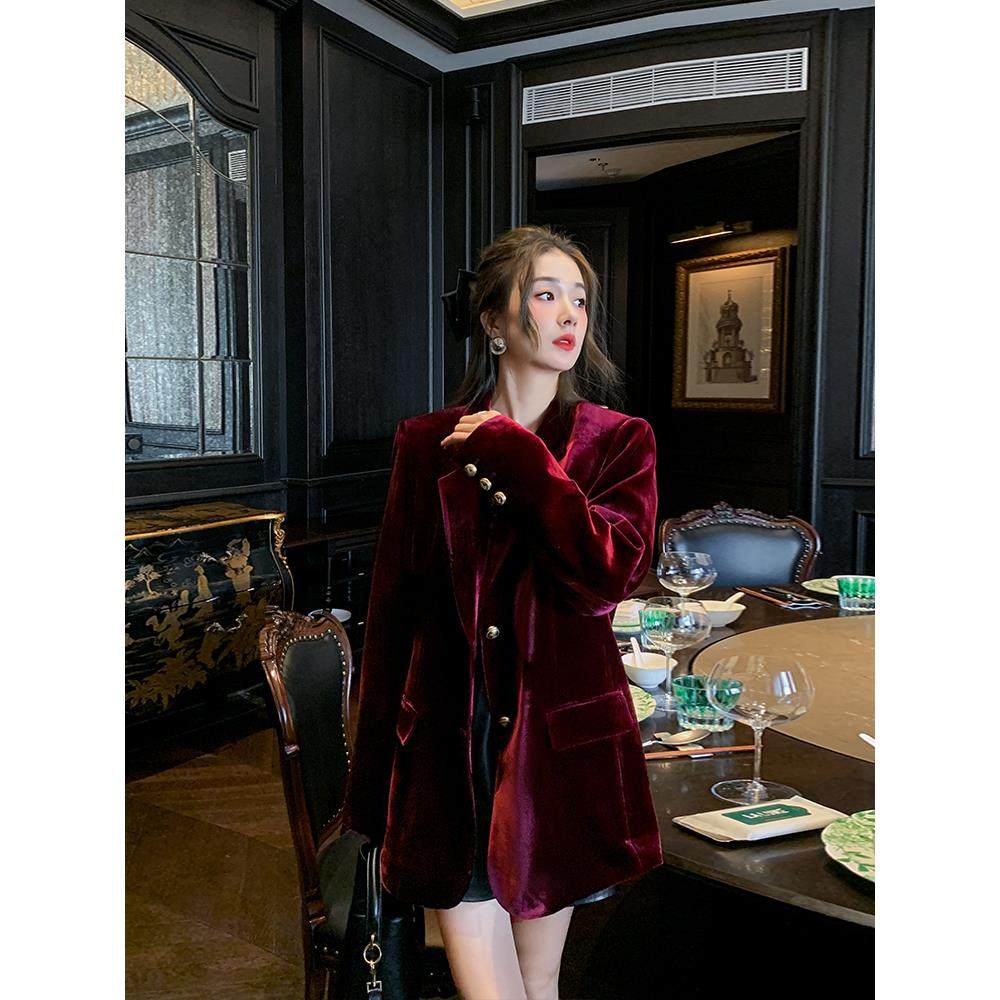 金丝绒酒红色西装外套女高级感精致宽松气质流行西服上衣秋冬季,淘宝优惠券,粉丝福利购,淘宝优惠卷