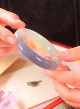 新疆天然和田玉冰烟紫白半山半水双色平安镯天然玉石珠宝手镯证书