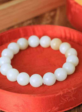 天然且末羊脂白玉籽料圆珠手链