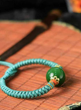 天然玉石原创手编阳绿色手链
