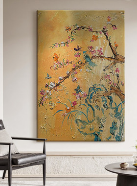 大芬村中古风花鸟客厅装饰画抽象喜鹊肌理手绘油画杏花蝴蝶玄关