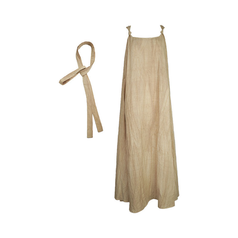 酒午自制【夏晚风】法式天丝亚麻打结肩带U型领连衣裙褶皱吊带裙,淘宝优惠券,粉丝福利购,淘宝优惠卷