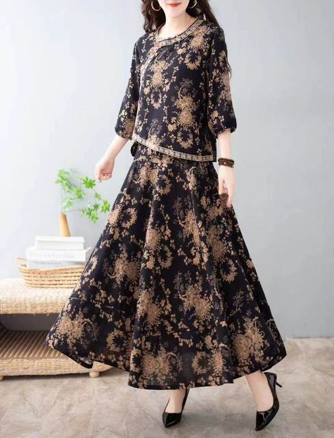 Ethnic style printed V-neck skirt two-piece set