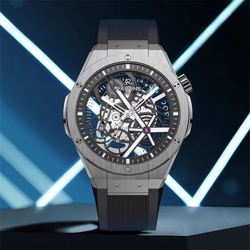 Rarone雷诺双子星手表潮酷男士全自动机械表镂空硅胶表带男生腕表