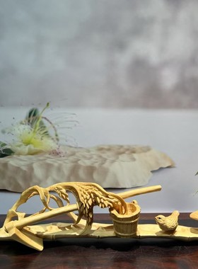 正宗小叶黄杨木精雕大丰收硕果累累摆件原木色办公装饰实木工艺品