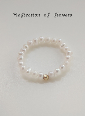 18K金2-3mm淡水无核小米粒珍珠戒指弹力百搭小巧众ins风迷你尾戒