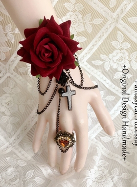 蔷薇猫原创 哥特华丽lolita玫瑰戒指手链ins暗黑蕾丝护腕手环指环