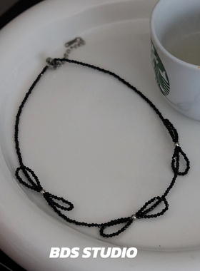 BDS STUDIO黑色水晶蝴蝶结串珠项链钢珠不掉色甜酷设计感颈链女