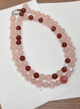 原创 天然西柚粉晶珍珠小众设计项链