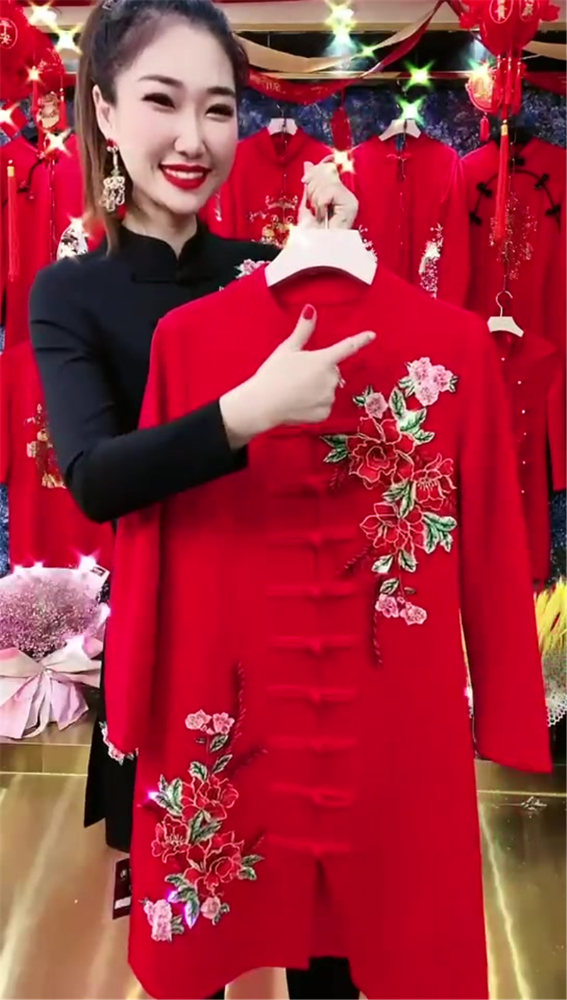 网红同款唐装女中长款韩版修身中式上衣外套开衫中国风连衣裙旗袍 - 图2