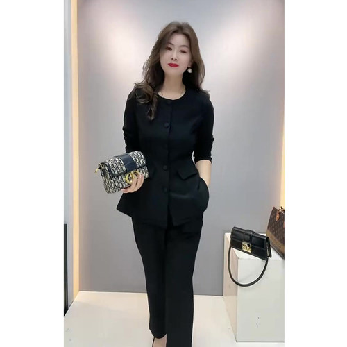 气质高街时尚两件套女春季夏季收腰显瘦上衣百搭休闲裤黑色套装潮 - 图0