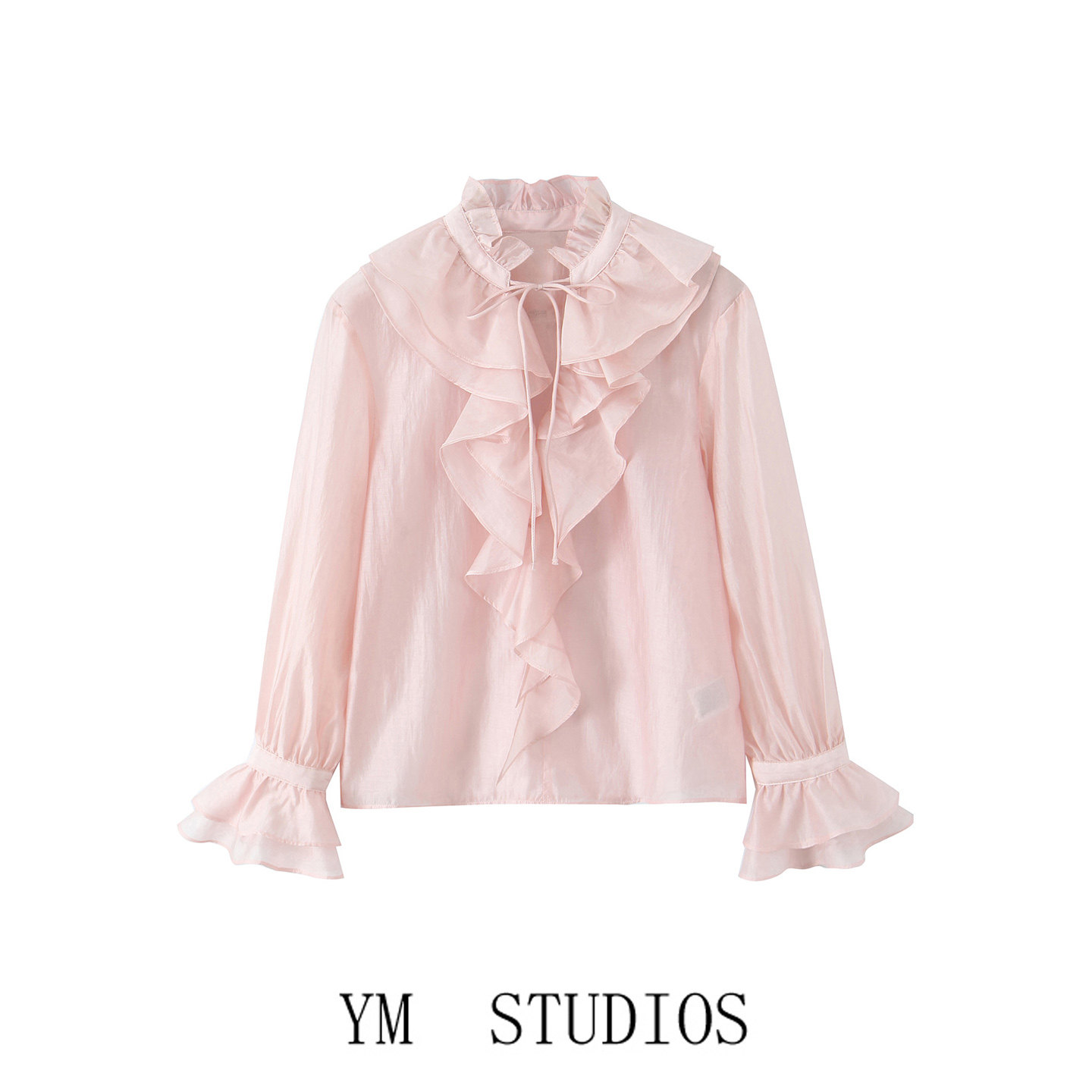 欧美女装   法式甜美风荷叶边系带衬衫女长袖粉色显白百搭打底衫,淘宝优惠券,粉丝福利购,淘宝优惠卷