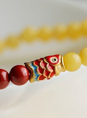 师傅手工满蜜满蜡紫金砂帝王朱砂手串锦鲤好运吉祥财运黄琥珀手链