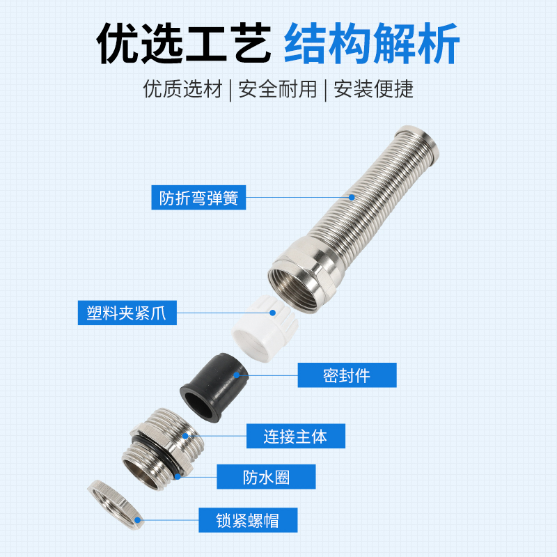 金属防折弯电缆接头M/PG带弹簧固定头铜镀镍防水接头耐折弯耐扭式