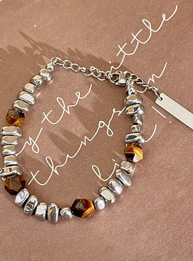 新中式手链ins小众设计复古异形咖色琥珀石拼接手串串珠手饰男女