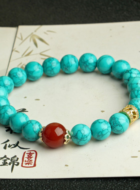 DIY松石手链乌兰花网花松圆珠老型珠 景泰蓝加南红玛瑙尼泊尔风