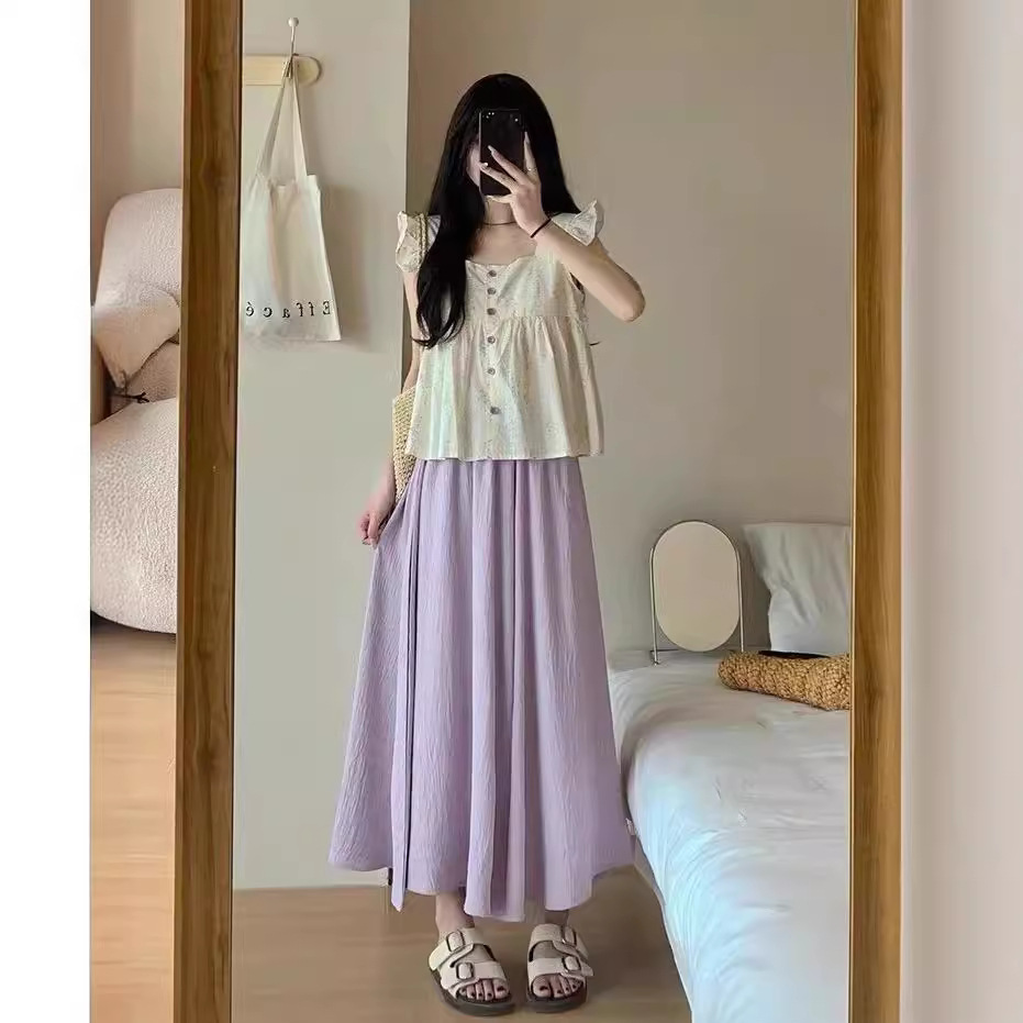 元气肌理感半身裙裤休闲垂感阔腿裙裤女薄款腰显瘦冰丝百褶皱 A字 - 图1