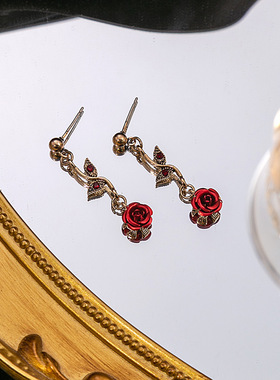 法式少女森系玫瑰耳环 复古浪漫红色花朵手链小众设计感项链套装